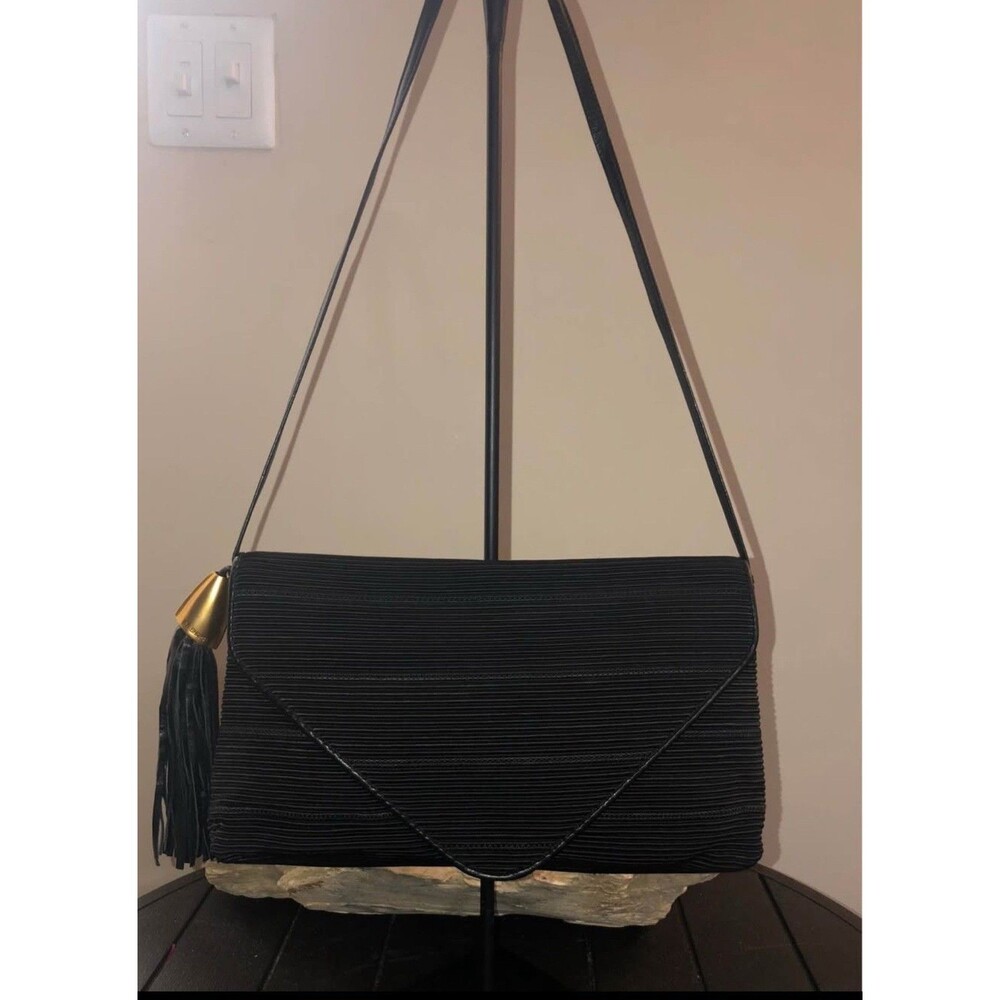 Americana By Sharif Leather and ribbed Tapestry brocade black crossbody Handbag